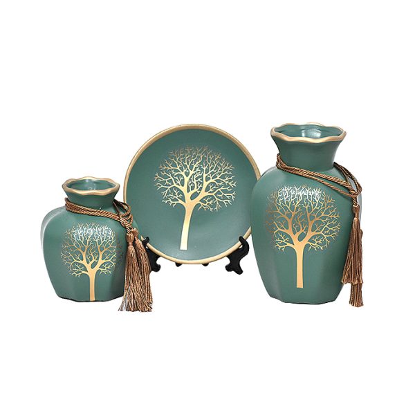Set Floreros y Plato Decorativo Verde